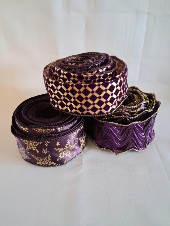 Lot of 3 Vintage Purple And Gold Ribbon Rolls - Picture 1 of 10